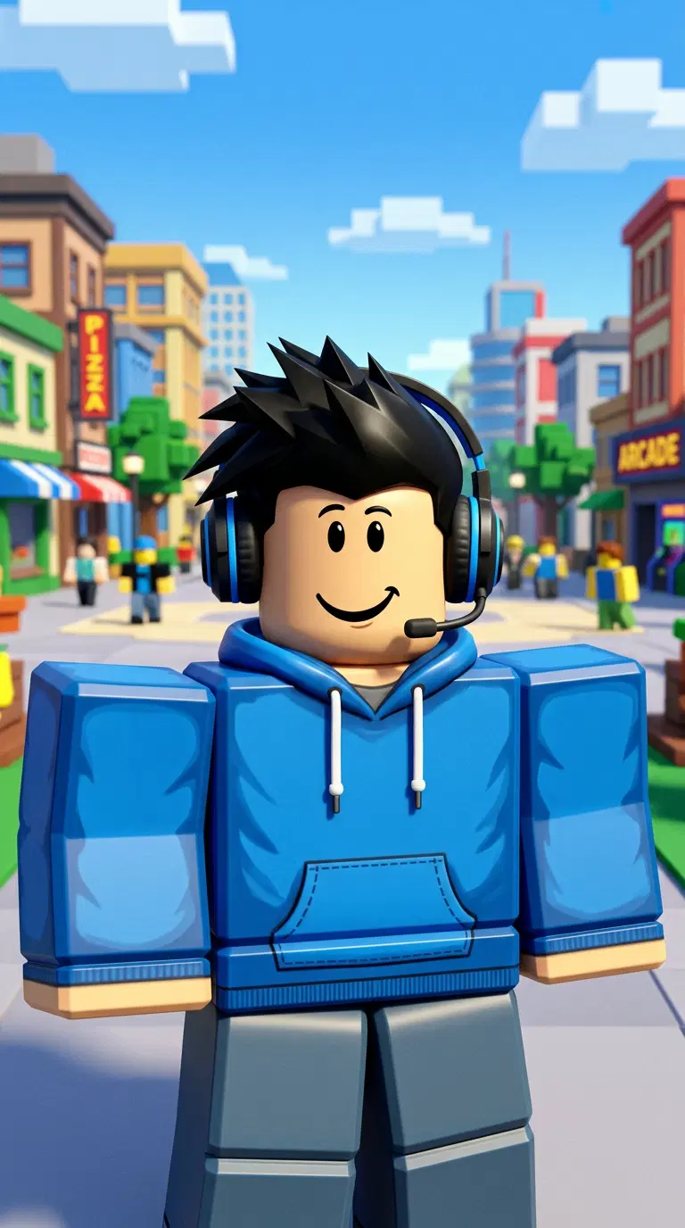 Original Roblox avatar in the classic Roblox 3D style: a blocky character with a cool blue hoodie, headphones, spiky black hair and a happy face, plastic toy shading, bright Roblox city plaza in the background. Portrait framing from the waist up, face in the upper third of the frame, one character only. No text, no logo, no watermark.