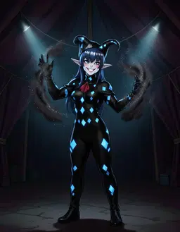 Voidshimmer Jester stands centrally, wearing a sleek black outfit adorned with striking blue diamond patterns that pulse faintly. The figure adopts a confident pose, one hand raised as if summoning a swirl of dark, glittering mist that catches the ambient light. Their expression is mischievous, eyes gleaming with playful intensity. The surrounding environment is a dimly lit, vaulted circus tent, its shadows deepening the contrast of the black and blue attire. Subtle spotlights cast soft glows on the diamond shapes, highlighting the jester’s silhouette against the darkened backdrop.