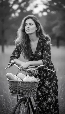 A black and white, medium shot, portrait of a woman with long, wavy hair, wearing a dark, floral-patterned dress, leaning on the handlebars of a bicycle. The bicycle has a basket in front filled with loaves of bread. The woman is looking off to the side with a thoughtful expression. The background is softly blurred, suggesting an outdoor, natural setting with trees and grass. The lighting is soft and natural, creating a gentle mood. The textures are smooth on the skin and fabric, with the rougher texture of the bread and the metal basket. The overall style is realistic and artistic, with a focus on the subject and her pose.