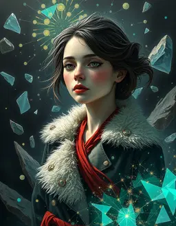 a young woman with pale skin and dark hair in a torn fur‑lined coat with white collar and red sash, standing in a chaotic expressionist dreamscape of shattered glass and jagged rocks, rendered in data visualization art style with a dark background, luminous flowing networks, radial‑chart motifs, particle clouds and gradient color maps overlaying turquoise, gold and emerald geometric tessellations, symbolic lighting accentuating tension.