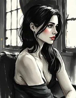 a young woman with pale skin and dark hair seated in a dramatic interior, head turned left gazing out a window, surrounded by abstract gestural brushstrokes; rendered in ink and gold leaf style with flowing black ink lines and shimmering gold accents that highlight her contours and the light on her eyes, creating a luxurious, ethereal atmosphere.