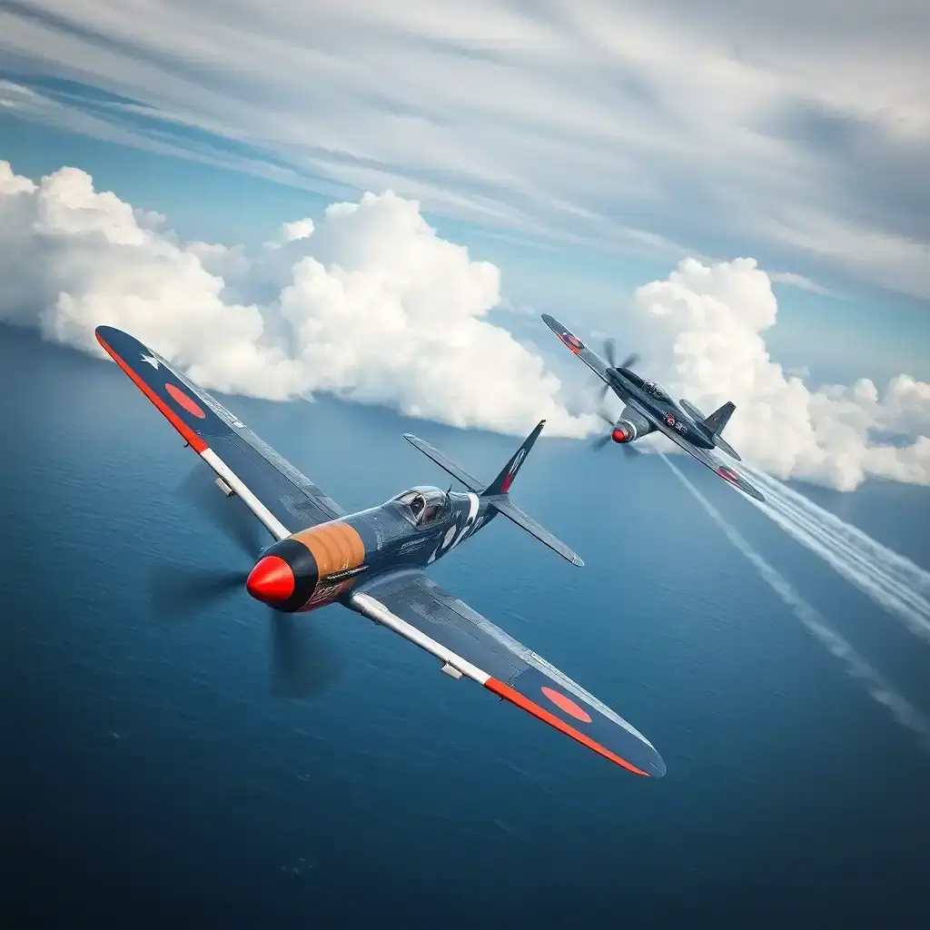 A high-speed dogfight between two vintage fighter jets over an ocean. One plane performs a tight barrel roll while the other fires tracer rounds. The scene is full of motion, with vapor trails streaking behind the jets and dramatic clouds in the background.