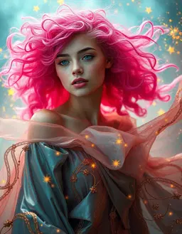 a young realistic woman in a vibrant, cosmic aura, her bright pink curls and luminous complexion at the center, now set amidst a rich, layered textures, photographs, , tones of teal and aqua golden hues blend in a dreamlike dance, with delicate, shimmering threads infused with glowing fairy dust, and an unfolding, iridescent silk gown that unfurls across her body in a fluid, organic silhouette, now adorned with intricate,