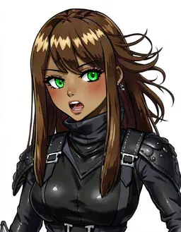 character portrait of female, a rider cadet in black leathers with a flight harness and dagger sheaths, fully clothed, dragon rider, vocal, dark brown, no bangs, curtain bands,, vivid green eyes, sunkissed, in the style of Fourth Wing, faithful to its official art style, vivid saturated colors, head and shoulders, facing forward, plain flat white background