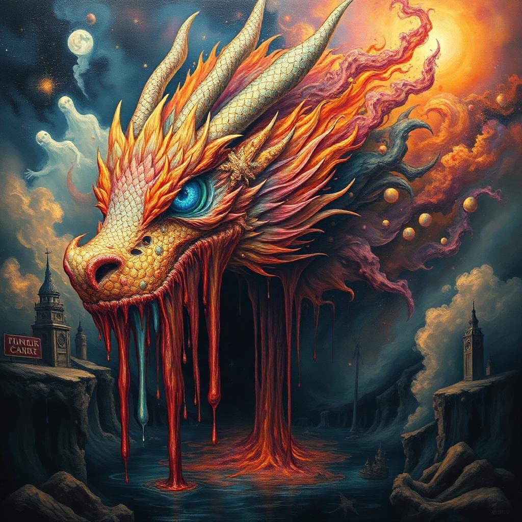 melting cosmic dragon.  face dripping, scales liquefying, stardust runs like tears.  iridescent petals warp, nebula a swirling, viscous rainbow.  eyes, blue fire pools, melting into the void below.  the void:  a dark, oily pond. buildings melt, clocks drip like blood. ghostly dancers, distorted, faces smeared. dragon's smoke-sun plumage, a burning, flowing mess.  rainbow mist, thick and hazy.  extreme surrealism.  painterly, hyper-detailed.  agony, beauty, chaos.  everything flows, dissolves.  face melting horror.

