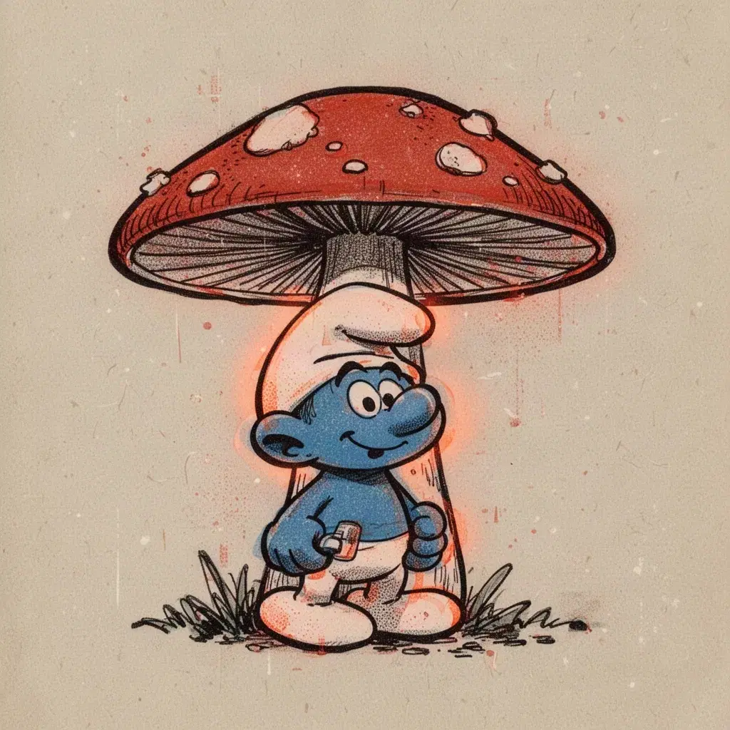 a kpu pen‑ink risograph illustration of a small smurf character standing beneath a red mushroom, rendered with dense cross‑hatching, fine stippling and confident linework, overprinted with a misregistered fluorescent orange spot color that glows from the highlights. the paper shows textured riso print grain and slight roller‑ink unevenness, giving an archival zine feel. the scene retains the simple line, vibrant color palette and franco‑belgian kids’ comic visual language, while the risograph layer adds contemporary atmospheric depth.