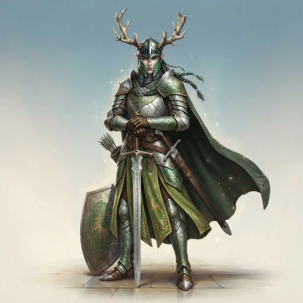 original character, a tall elf knight in silver and moss-green armour with a broken antler helmet, full body, painterly fantasy style, clean soft gradient studio background, vibrant, crisp high detail, digital illustration