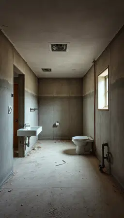 Portrait 9:16, ultra-photorealistic cinematic interior renovation photograph of the SAME master bathroom before renovation, viewed from a carefully selected fixed wide-angle corner perspective at approximately eye level, camera positioned near the entrance and aimed diagonally across the entire room. The bathroom is completely unfinished, empty, dull, neglected, and structurally ready for renovation. Bare unfinished cement/plaster walls, rough concrete floor, exposed plumbing connections, unfinished ceiling, visible electrical wiring, old utility pipes, uneven surfaces, small cracks, stains, chipped plaster, construction dust, worn edges, incomplete shower area, basic temporary plumbing fixtures, no decorative finishes, no furniture, no accessories. Natural daylight entering through a modest bathroom window, realistic soft shadows, slightly cool raw illumination, subtle atmospheric dust, authentic material imperfections. Clearly visible floor and wall texture, physically accurate proportions, realistic construction details, natural reflections only where physically appropriate. Documentary-style architectural photography combined with premium cinematic realism, extremely detailed textures, realistic ambient occlusion, physically based materials, natural dynamic range, professional interior photography, sharp foreground and background detail, realistic lens characteristics, no exaggerated wide-angle distortion. Static camera composition designed to be IDENTICAL in Images 2 and 3, fixed viewpoint, fixed focal length, fixed framing, fixed room geometry, portrait 9:16 composition. No people, no workers, no luxury finishes, no fantasy elements, no text, no watermark.