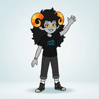 Original fantroll character, gray skin, ram-like candy-corn horns, freckles, cerulean wave symbol, webcomic style