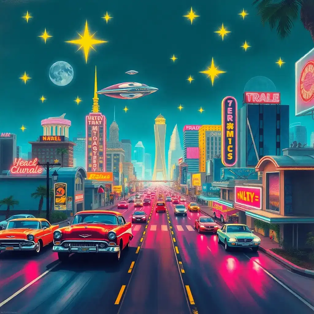 Imagine a bustling retro-futuristic cityscape, where neon lights mimic stars and retro automobiles hover gracefully above paved roads. The scene pulsates with energy, painted in vibrant hues that blend pop art and futurism, inviting one to explore a world where history and future intertwine.