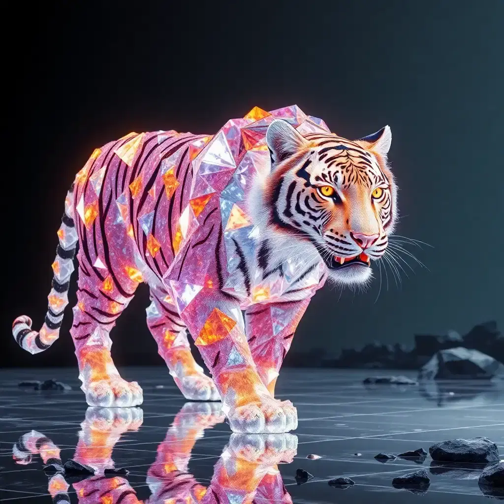 Journey to the prismatic lands where a legendary crystal tiger strides through reflective terrain. Its skin, a living cascade of glittering facets, encapsulates entire worlds within each crystalline frame. The tiger's eyes, fierce and knowing, burn like twin suns. With every step, it reshapes reality around it, bending the light of existence to its own majestic design.