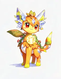 A soft, hand-painted Pokemon creature illustration of A goddess version of Tera evey, its body coloured tangerine with white accents, yellow ear tips, tail tip and feet, a big round glowing gem, as wide as its face, set in the front of its chest where it faces us, a nature gimmick carried through its body: little mushrooms and moss growing on its back, a leafy sprout on its head, and a walking-stick shaped twig tip on its tail, grass type, with big leaf-shaped ears, a single broad green leaf for a tail, green leaves sprouting from its forehead, back and legs, and a small flower bud on its head, ice type, with diamond-shaped ice crystal ears, pale icy blue crystal shards on its head and back, a pointed icicle tail and frosty diamond markings on its body. Rounded shapes, expressive anime eyes and appealing proportions with a slightly oversized head and a compact body; a silhouette that reads at a glance. Clean, thin, slightly organic pencil-like outlines. Familiar Pokemon design language: believable creature anatomy, simple colour blocking, elemental traits integrated naturally into the body, selective detail, clear personality. Soft colours, creamy highlights, gentle cel shading blended with painterly gradients, subtle watercolour and gouache texture on faint paper grain, matte softly illustrated surfaces. Show the full creature standing in a three-quarter pose, centred on a plain white background.