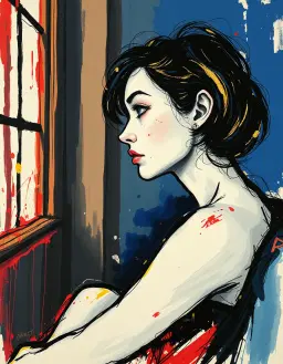 young woman with pale skin and dark hair seated in a dramatic interior, head turned left gazing out a window, surrounded by abstract gestural brushstrokes, rendered in ink and gold leaf with flowing black ink lines and shimmering gold accents, expressionist portraiture with distorted, exaggerated features, vivid emotional colors of deep blue, fiery red and bright yellow, bold raw brushwork and visceral intensity.