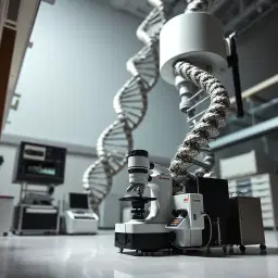 semiconservative dna replication, colossal and towering, dwarfing a tiny scanning electron microscope in forced perspective, surreal dreamlike scale, miniature microscope and surrounding lab equipment appearing minuscule, vivid exaggerated proportions, detailed microscopic texture.
