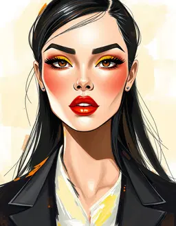 fashion model face illustration with almond‑shaped eyes, glossy black winged eyeliner, bright yellow eyeshadow, red‑orange lips and matte skin, dressed in a sleek contemporary outfit, rendered in a dreamy impasto style; soft, luminous atmosphere with thick, buttery brush‑strokes, swirling pastel pigments and gentle texture, single‑line hatching and cel shading softened by misty layers, vivid saturated colors blended into dreamy washes, dynamic expressive strokes that swirl around the figure while preserving the clean line silhouette, elegant chic composition with refined palette and graceful brushwork.