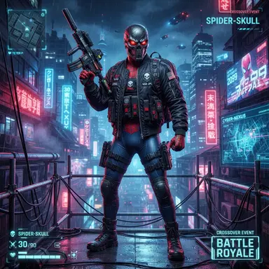 battle royale operator in a black bomber jacket and skull mask wearing a red and blue web-patterned undersuit, crossover skin key art, neon-lit map, crisp high detail
