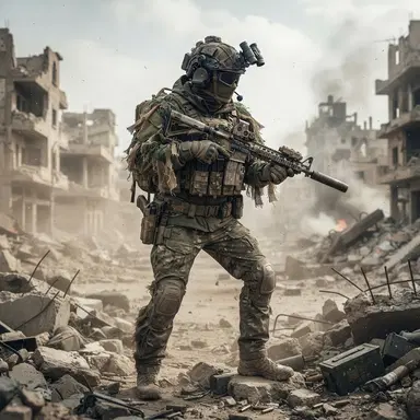 tactical battle royale operator, level 3 helmet and ghillie-trim jacket, assault rifle at low ready, gritty realistic game key art, dusty ruins backdrop, crisp high detail