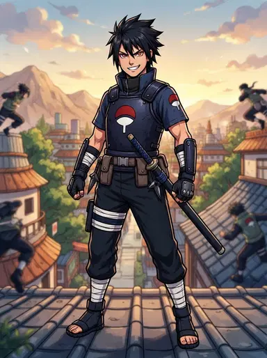 a young Uchiha ninja in dark clothes bearing the red-and-white fan crest, sharp dark eyes hinting at the Sharingan, bare forehead, fierce and proud, in the style of Naruto anime, classic Studio Pierrot shonen art, bold outlines, vivid colors, dynamic ninja action pose, full-body character portrait, centered, relaxed lively stance. SFW, everyone fully clothed in modest attire. Crisp detail, sharp focus, rich lighting, highly detailed