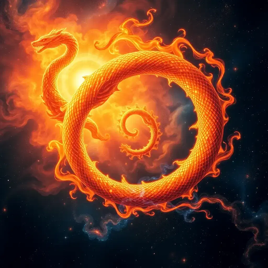 Amidst the kaleidoscopic expanse of a forgotten nebula, a mythical solar serpent coils in on itself in an elaborate dance of fire and elegance. Its scales glimmer with cosmic iridescence, casting kaleidoscope reflections that ripple across the vastness of space. As it spirals through the heavens, it weaves a rich tapestry of conflagrant hues, uniting the sacred warmth of the sun with the ancient mystery of the stars.