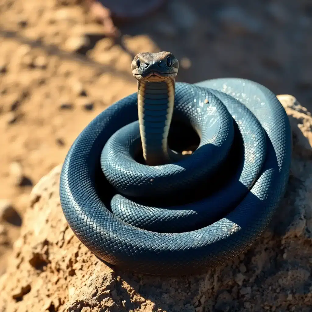A striking image of a Black Mamba snake coiled on a rocky outcrop, its sleek, dark-gray scales shimmering under the sunlight. Its head is raised, mouth slightly open to reveal the infamous inky-black interior. Its piercing eyes are locked onto a target, exuding both beauty and danger. The background consists of dry African terrain, hinting at the deadly speed and agility this creature possesses in the wild.Hi