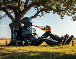 a round iron giant robot lounging under a tree in an open field, sipping motor oil from a 5‑gallon bottle labeled oil, with a relaxed “eh, whatever” attitude, surrounded by tiny people polishing and sparking it; medium shot framing from waist to head, 35‑50mm perspective, natural proportions and balanced environment, clear gesture and moderate depth.