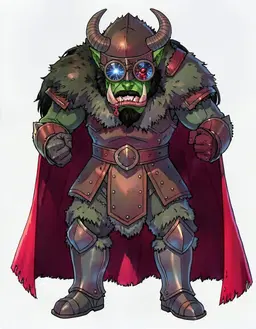 Redraw the person in the reference image as a character portrait of androgynous, them, fully clothed, Black hair on his head, and also mustache and beard on his mouth and chin, deep red eyes, Green ogre skin, curved horns, Also glasses of the goggles on his eye, and also gloves on his hand of the gloves of the hole On his hand when he holds the weapon of the big large hammer thunder Of the ultimate power of the evil, Craig Mac mineworth the chaotic Boss ogre , angry monster King Viking overlord, clean anime character art, cel-shaded 2D illustration, crisp lineart, vivid colours, soft rim lighting, head and shoulders, facing forward, plain flat white background. Keep their face, hairstyle and distinguishing features clearly recognisable as the same person.