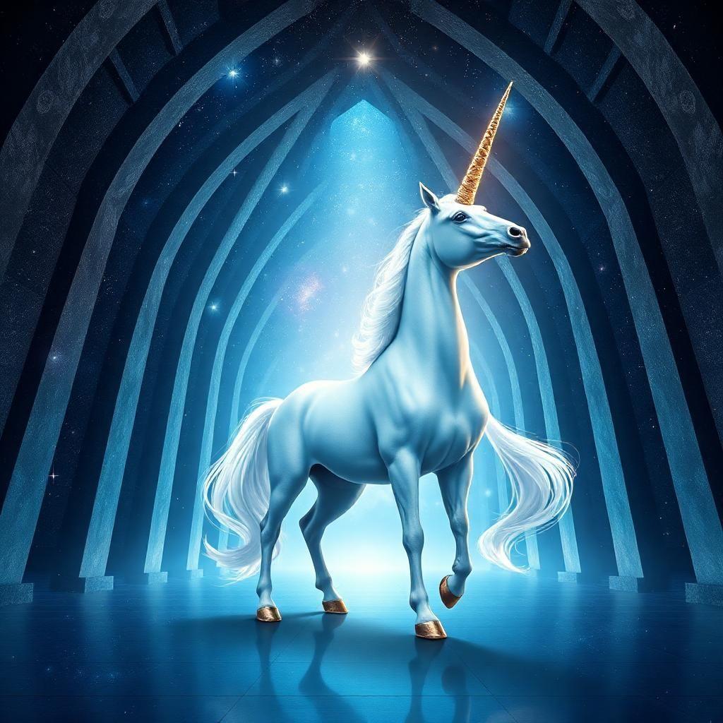 In the heart of a cosmic cathedral, a radiant unicorn stands beneath the arching beams of starlight. This creature of pure grace and mystique has a horn that spirals toward the heavens, twinkling with celestial runes. Its coat reflects the dance of galaxies, and its hooves translate temporal echoes into a rhythmic symphony that echoes across the universe.