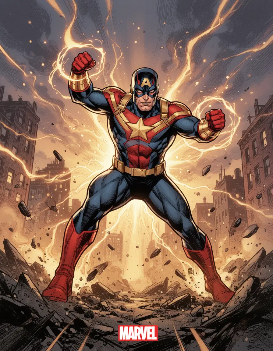 A Marvel superhero in an epic battle pose, dynamic lighting, comic book style