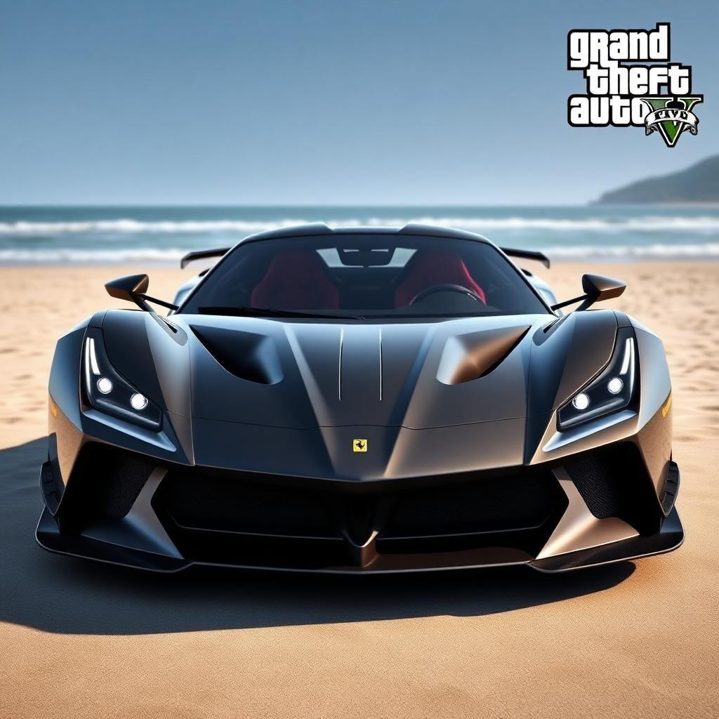 futureuristic aggresive supercar for 2035, inspired by ferrari f50 and a ferrari f8, with an imposing front bumper, sleeker and sharper angular headlights, a smooth custom racing widebody kit,  show entire car in a beach of gta 5 city, hd