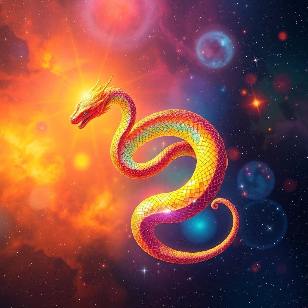 in a rainbow-coloured nebula, a mythical solar serpent dances elegantly, its scales shimmering with vibrant iridescence, reflecting a spectrum of hues across space. spiraling through the cosmos, it creates a tapestry of fiery colors, blending the sun's warmth with the stars' ancient enigma.