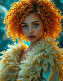 a young realistic woman, fuzzy soft fibers enveloping her form, surrounded by a vibrant cosmic aura of teal and aqua gold, orange‑yellow curls softened into plush texture, luminous complexion glowing through a matte, comforting sheen, iridescent silk gown rendered with fuzzy, moss‑like layers that flow in an organic silhouette, delicate shimmering threads dusted with fairy light, dreamlike layered textures framing the scene.