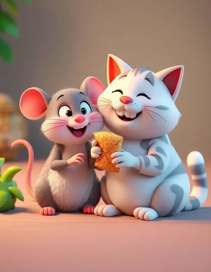 3D HD cartoon, fat mouse and fat cat sitting together happily sharing roti, friendship moment, same characters.
