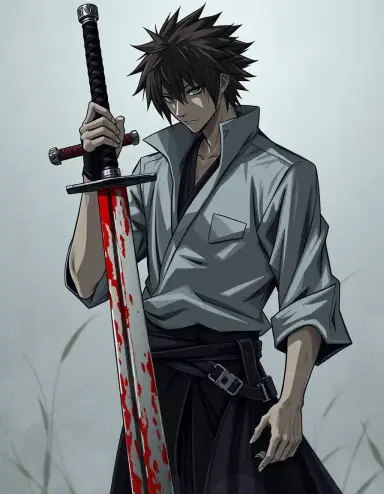ichigo kurosaki stands firmly, his weathered, worn zanpakuto sword in hand.