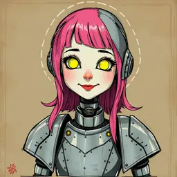 sweet robotic barista girl with more angular chrome armor panels resembling stacked teacups, glowing digital face, happy expression, tea‑leaf shoulder vents, mission school style, muted weathered tones with bright accents, diy punk collage texture, naive doodle mark‑making, diary‑like informal composition, lo‑fi zine aesthetic, distressed urban decay surface, with striking shocking neon hot pink hair and intensely glowing bright yellow eyes, enhanced with metallic joints and subtle circuit patterns for a more robotic appearance.