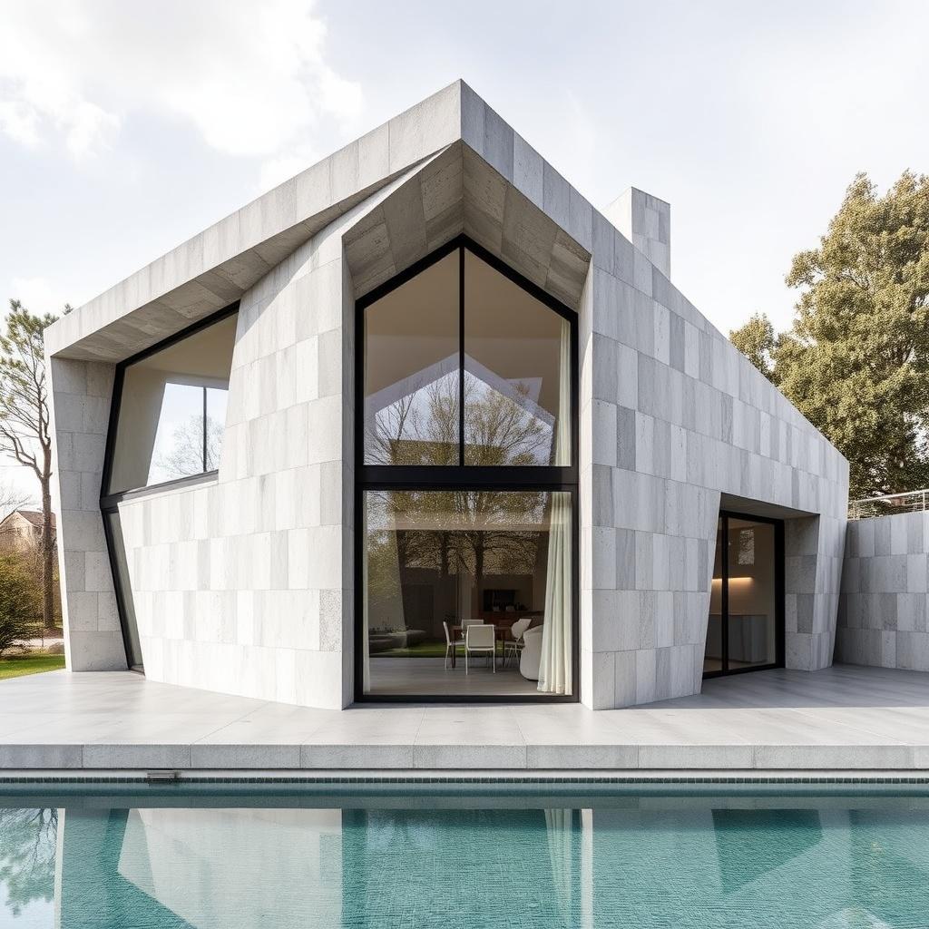 Maison en béton de forme pyramidales avec de grandes fenêtre en verre de forme rectangulaires