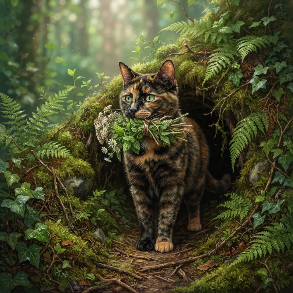 realistic tortoiseshell she-cat with green eyes, gently carrying a bundle of herbs in her mouth, standing at a mossy fern den entrance in a forest, soft painterly book illustration, full body