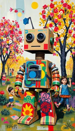 a highly expressive tachisme painting, characterized by spontaneous blotches, explosive non-geometric marks, and raw, energetic brushwork, disrupting precise realism. within this dynamic artistic style, a whimsical robot constructed from colorful cardboard and recycled plastic bottles stands proudly. the robot features a boxy head with large, expressive eyes made from bottle caps, and arms crafted from twisted cardboard tubes. its body is adorned with playful patterns and graffiti art, all set against a vibrant urban park backdrop that showcases blooming flowers and children playing.