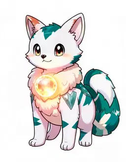 A soft, hand-painted Pokemon creature illustration of a cat-like pokemon with triangular ears, a short muzzle with whiskers and one long thin curling tail, its body coloured white with silver accents, bold teal tiger stripes across its back, sides, legs and tail, a big round glowing gem, as wide as its face, set in the front of its chest where it faces us, normal type, with soft fluffy fur all over, a big fluffy cream collar ruff, a round fluffy cream-tipped tail and big round friendly eyes. Rounded shapes, expressive anime eyes and appealing proportions with a slightly oversized head and a compact body; a silhouette that reads at a glance. Clean, thin, slightly organic pencil-like outlines. Familiar Pokemon design language: believable creature anatomy, simple colour blocking, elemental traits integrated naturally into the body, selective detail, clear personality. Soft colours, creamy highlights, gentle cel shading blended with painterly gradients, subtle watercolour and gouache texture on faint paper grain, matte softly illustrated surfaces. Show the full creature standing in a three-quarter pose, centred on a plain white background.