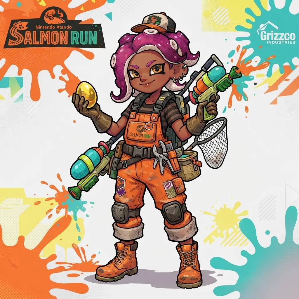 Splatoon game style octoling OC in salmon run orange overalls with fishing gear, Nintendo Splatoon official art style, clean background
