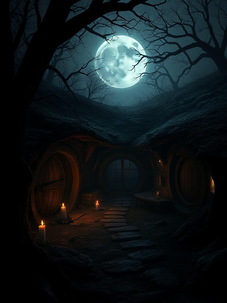 A realistic depiction of CaptainFresh27's hobbit home set in a dark and sinister atmosphere. The landscape is filled with tension and a sense of dread. Shadows stretch long, forming eerie shapes around the round doors and windows. The air feels thick and heavy, with hints of old, decaying wood. Flickering candlelight only faintly reveals the ancient corridors, while eerie neon lights glow in the distance. The full moon casts an unnatural light through twisted tree branches, creating an unsettling scene. Silence dominates, broken by soft creaks, the wind's whisper through cracked windows, and distant, mysterious movements. The hobbit home's architectural features are jagged and irregular, adding to the sense of unease. Every shadowy corner seems to hide the unknown, sparking fear and the haunting feeling of being watched.