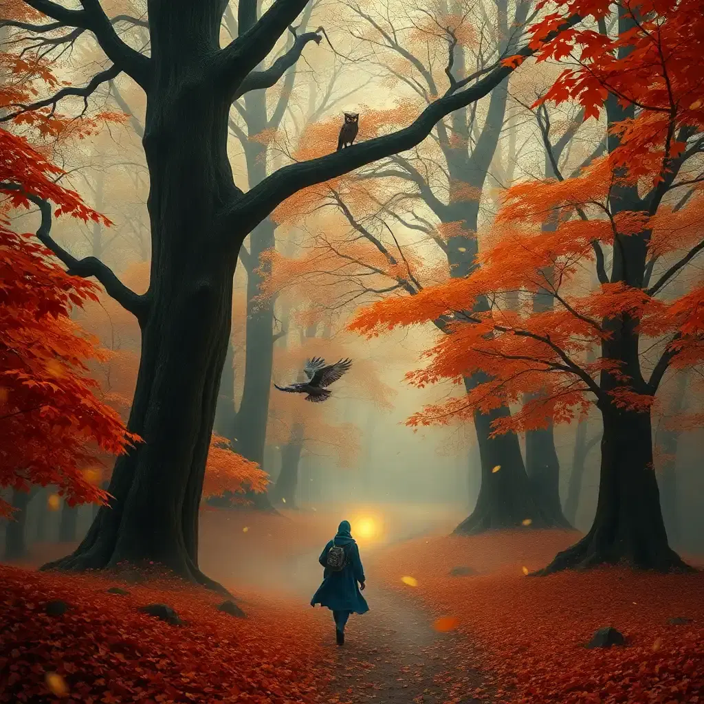 A mystical autumn forest where golden-red leaves float gently to the ground, covering the landscape in a carpet of warm hues. Strange, whispering voices seem to echo from the ancient trees, their bark covered in glowing runes. A lone traveler, cloaked in deep blue, walks cautiously along a misty path, guided only by a hovering, luminescent spirit orb. Owls with golden eyes watch from the branches, and strange, hybrid creatures—a mix of deer and phoenixes—wander between the trees. The atmosphere is one of wonder and mystery, as though the very air is charged with forgotten magic.