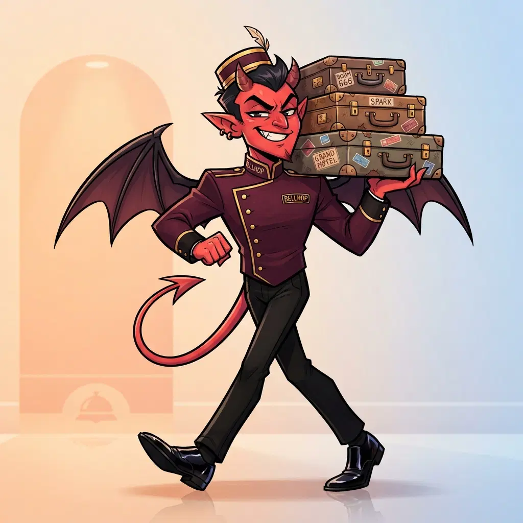 original character: a cartoon demon bellhop with bat wings and a tiny pillbox cap carrying luggage, cheeky expression, sharp angular western cartoon style, bold black outlines, clean soft gradient studio background, vibrant, crisp high detail, digital illustration