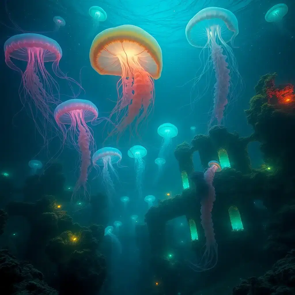 A mystical deep-sea realm untouched by humanity, where colossal bioluminescent creatures drift through the eternal darkness. Massive jellyfish pulse with neon colors, their tendrils stretching for miles. Ancient, submerged ruins hint at a lost civilization, their structures encrusted with coral and glowing moss. Strange, anglerfish-like predators cast eerie blue-green lights as they stalk their prey. The water is thick with tiny, glowing particles, creating an atmosphere of otherworldly wonder. The deeper one goes, the more surreal the world becomes, with creatures and landscapes that defy the imagination.