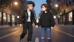 image 1 is raelynn. raelynn: human female with an urban youth archetype style. she has an asymmetrical undercut hairstyle, a sharp angular jawline, and heavy eyeliner. she wears a black lambskin leather jacket with gold zipper accents, a white crew‑neck t‑shirt, distressed black baggy distressed style jeans, and dark high‑top converse black and white canvas high top sneakers. she also sports double‑gauge hoop earrings and carries herself with a forward momentum. image 2 is girlfriend. girlfriend: white woman human with a stylized anime aesthetic, featuring shoulder‑length messy brown hair and large, expressive dark brown eyes. she wears a black pull‑over fleece hoodie over a white t‑shirt, paired with blue distressed jeans with a ripped hem. visible ear piercings and a relaxed posture complete her casual lounge‑around attire. the scene captures raelynn and girlfriend holding hands, their eyes locked in a romantic gaze as if they are the only two people in the world. soft evening light glows around them, highlighting raelynn’s angular jawline and double‑gauge hoop earrings, while the gentle shadows accentuate girlfriend’s expressive dark brown eyes and messy hair. their outfits contrast yet harmonize: raelynn’s edgy black leather jacket and high‑top sneakers against girlfriend’s cozy hoodie and denim, creating a balanced urban‑anime blend. the background is a blurred city street at dusk, with streetlights casting a warm amber hue, emphasizing the intimate connection between the two characters.