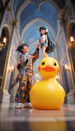 akira in a lavish patterned kimono and matching obi, placing cerulean doll atop a gigantic rubber duck, both smiling, in an ornate fantasy architecture setting; tilt‑shift miniature view with a narrow band of sharp focus and gradual blur toward top and bottom, vibrant colors and strong diagonal lines, akira mid‑gesture, cerulean doll looking up, captured from a low‑angle tilt‑shift perspective.