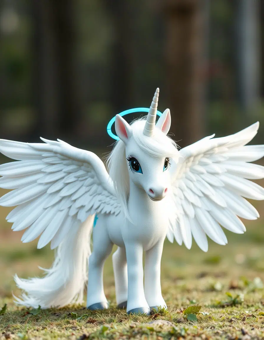 Mlp Angel white pony with oversized exaggerated long white wings a long white horn and blue eyes white mane angel pony innocent named Angel soft Wings non binary blue halo cutie mark white horse with oversized wings Mlp style