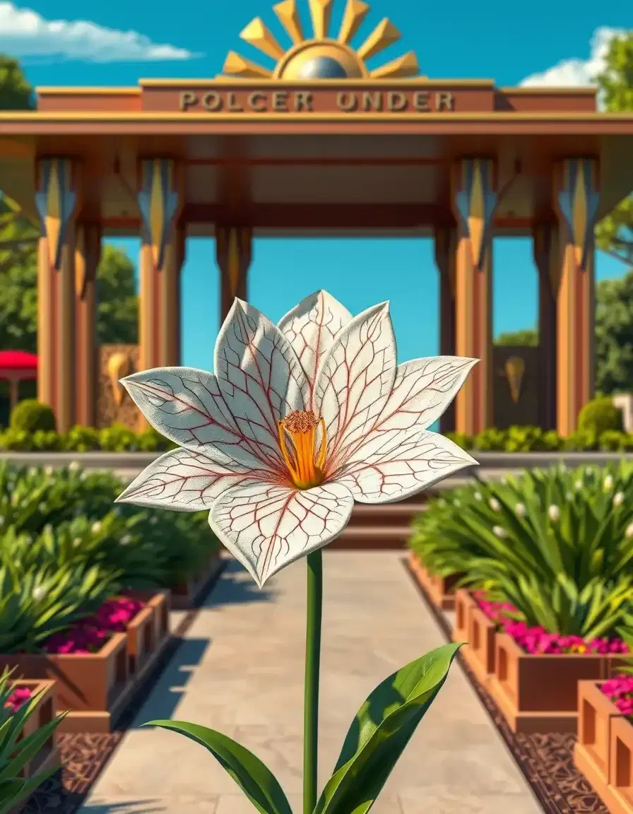 a beautiful art deco unice flower plant sits in a stylized, grand park setting. the flower's petals are intricately patterned with repeating geometric shapes, and its delicate features are highlighted by bold, metallic colors. in the background, a sleek, symmetrical park pavilion in the art deco style features metallic details and a rich, luxurious color palette. the pavilion's facade includes clean lines, sharp angles, and stylized floral patterns. lush, stylized greenery and ornate, geometric-shaped flowerbeds surround the flower, while a stylized, sunlit sky features metallic accents and a clear blue hue.