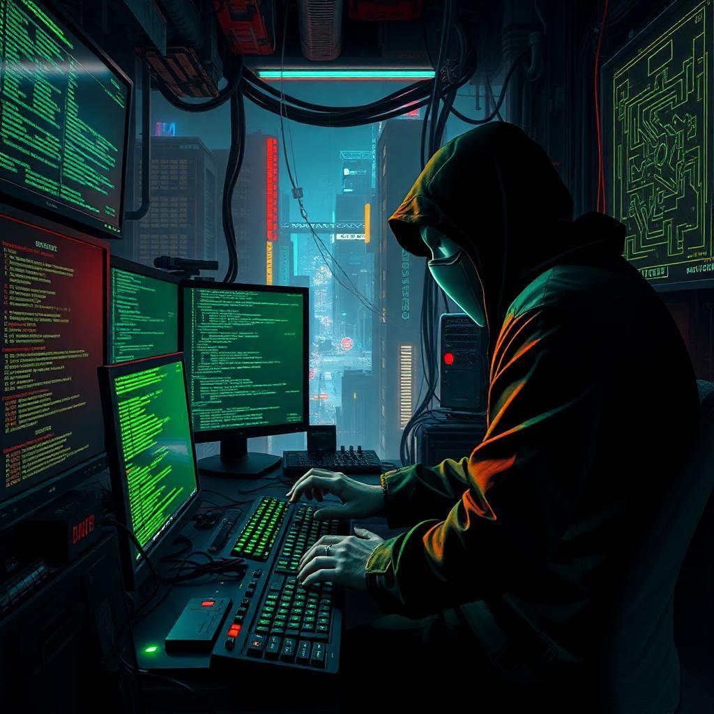 A cyberpunk hacker’s lair deep within the neon jungle of a futuristic city. The room is dimly lit by glowing monitors filled with lines of green code and schematics of corporate security networks. A masked figure sits hunched over a mechanical keyboard, fingers dancing across the keys as they breach a high-security firewall. Wires snake across the cluttered workspace, connecting to advanced decryption modules and stolen AI cores. The only sound is the quiet hum of cooling fans and the occasional burst of static from a nearby police scanner. Outside, the city pulses with life—neon lights flickering in the rain, shadowy figures exchanging illicit data on the streets below, and corporate enforcers searching for the faceless hacker responsible for the latest breach.