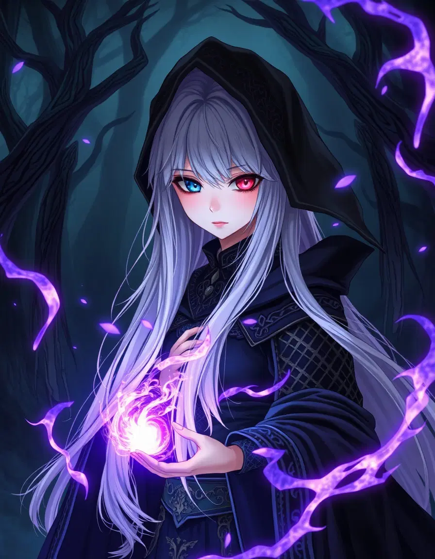 The Magical Fantasy
Prompt: "Anime-style portrait of a sorceress with long flowing silver hair, heterochromia eyes (one red, one blue), wearing intricate black robes, casting a glowing purple magic spell, dark enchanted forest backdrop, cinematic lighting, 8k, highly detailed."
Scenario: A powerful sorceress in her domain