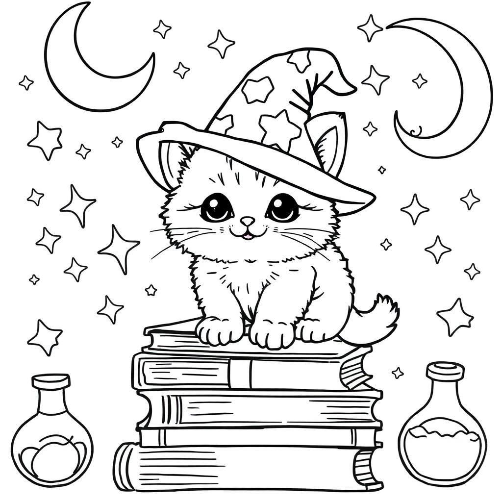 An adorable chubby kitten wearing a tiny wizard hat, standing on a stack of books with magical sparkles floating around. The background features whimsical elements like stars, a crescent moon, and potions. The line art is simple yet detailed, allowing room for creative coloring choices.